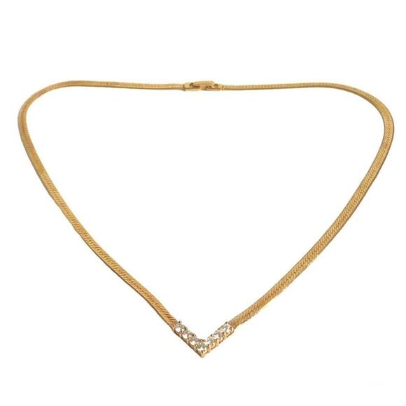Vintage Herringbone Gold Necklace V Shaped CZ Faux Diamond Collar 18” Chain - Picture 1 of 9